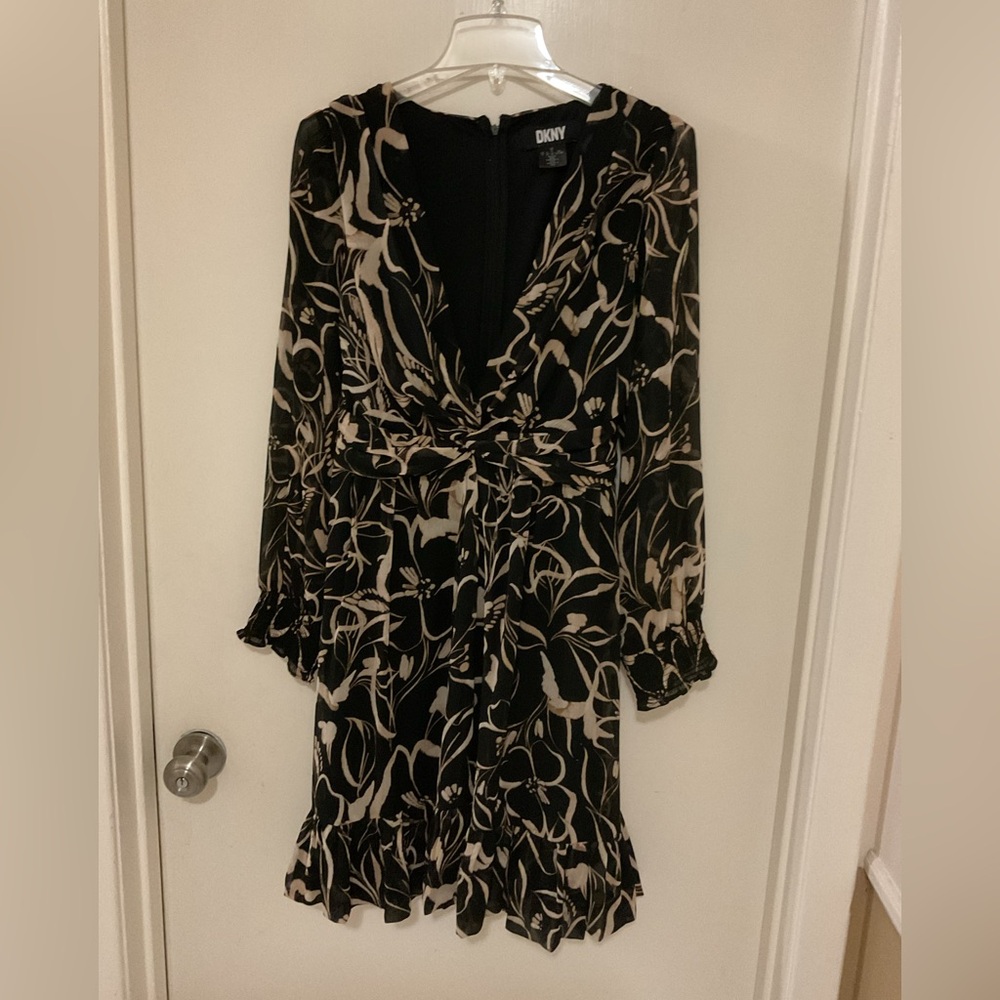 DKNY Long Sleeve Dress with Black and Cream Floral Design